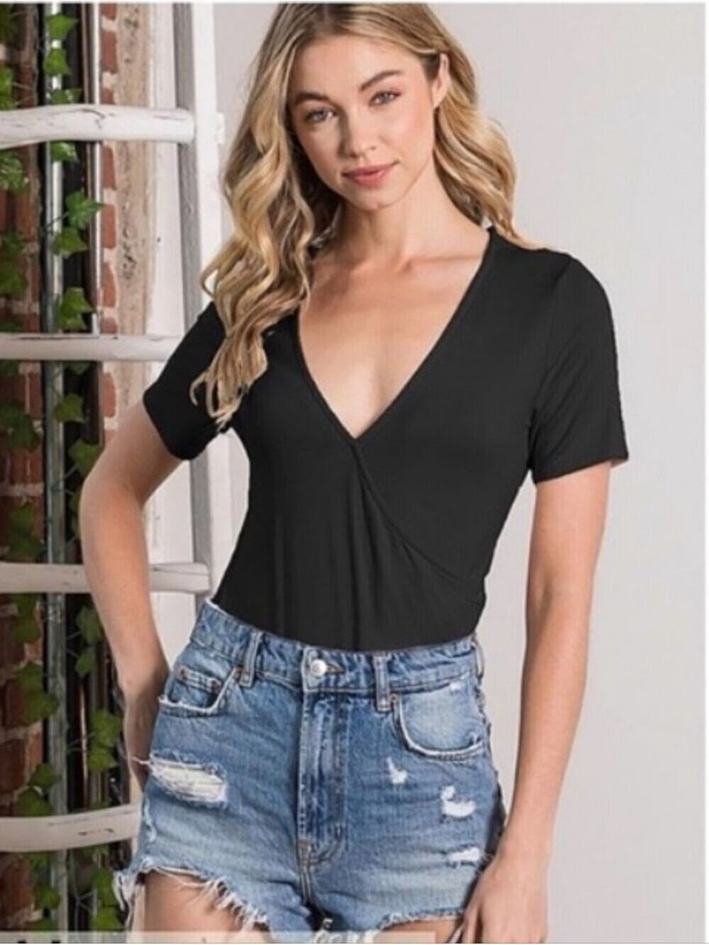 Black Bodysuit V-Neck Short Sleeve Large Wrap Style